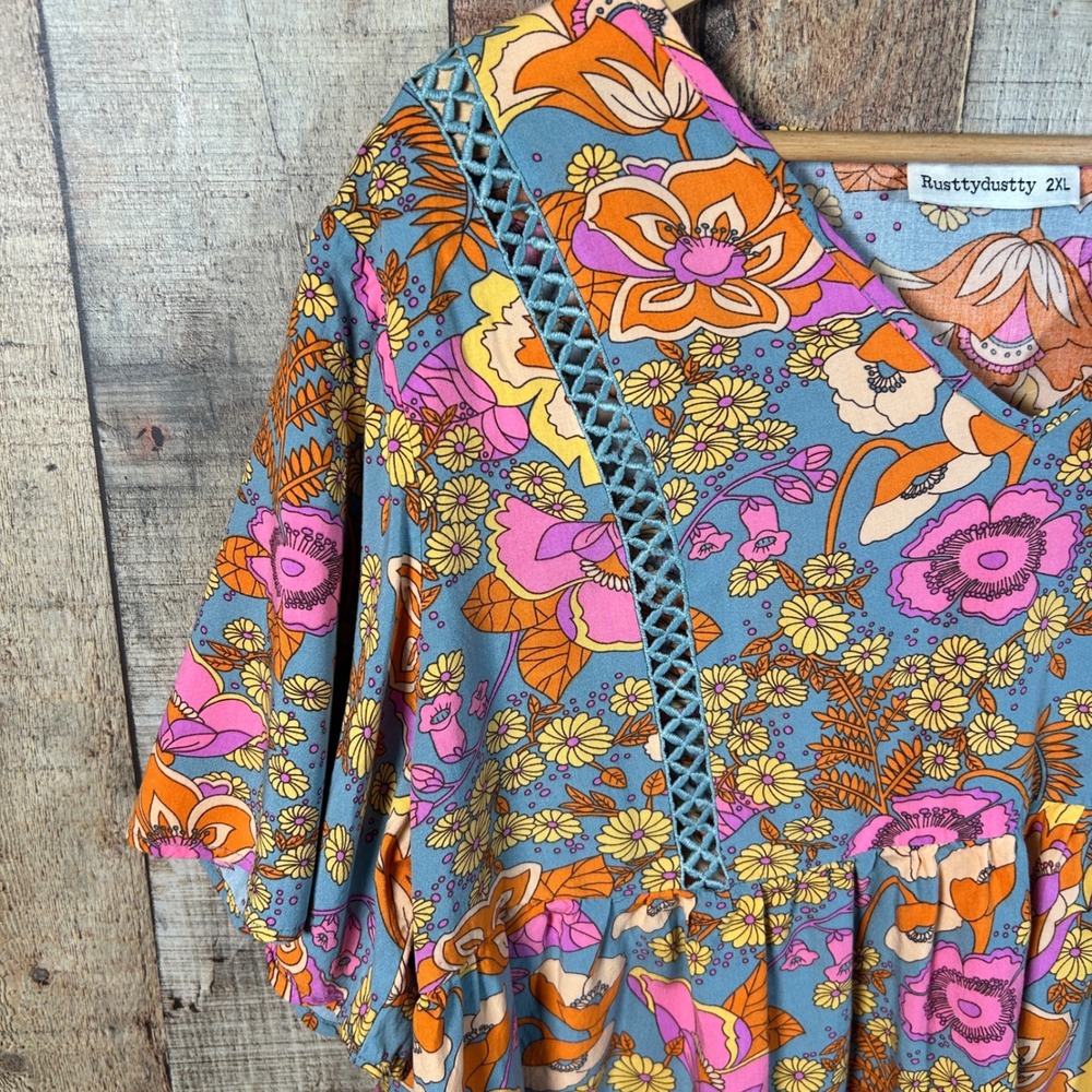Rusttydustty Pink Orange Floral Viscose Peplum Boho Babydoll Top Plus Size 2XL - Picture 2 of 7